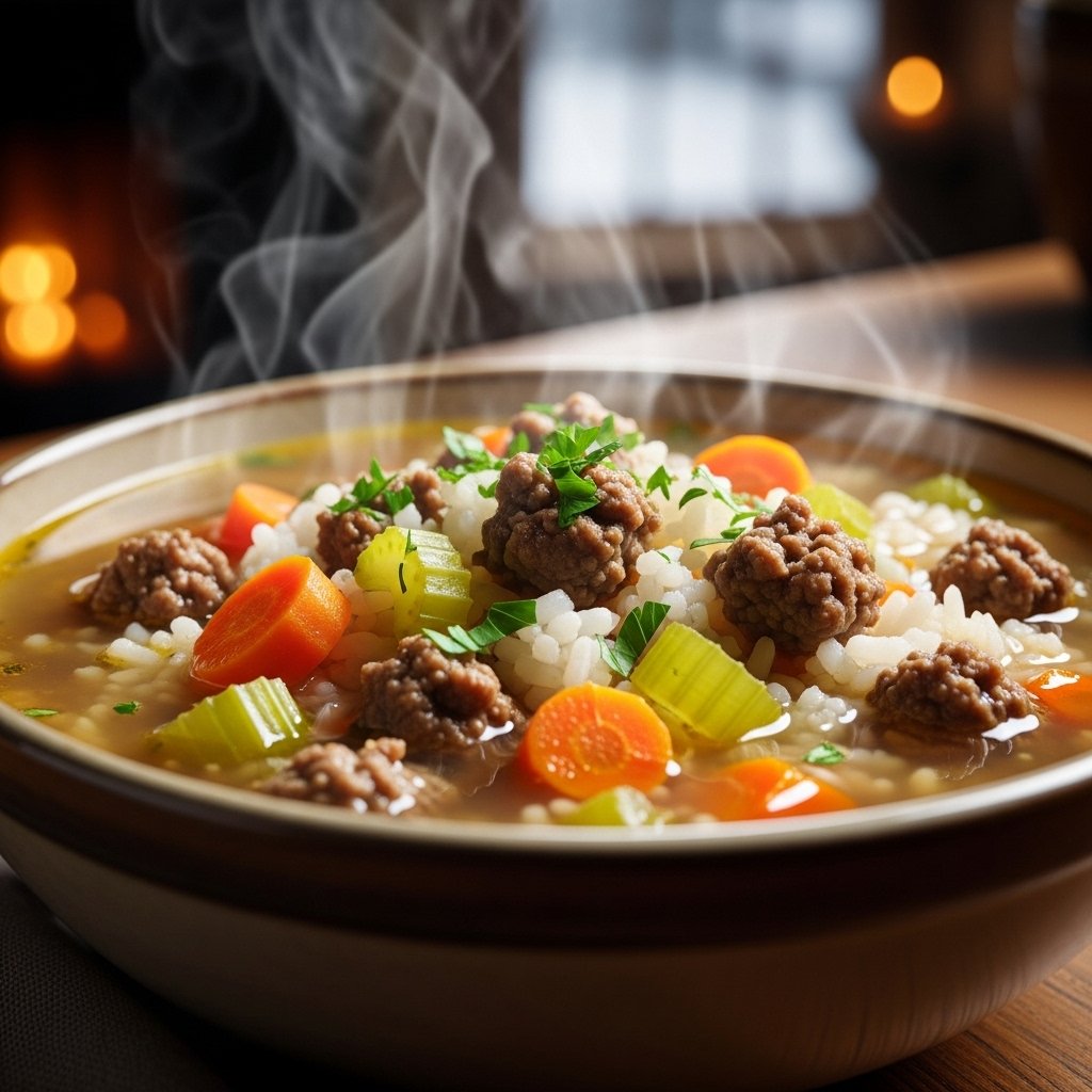 Ground beef rice soup comfort recipe