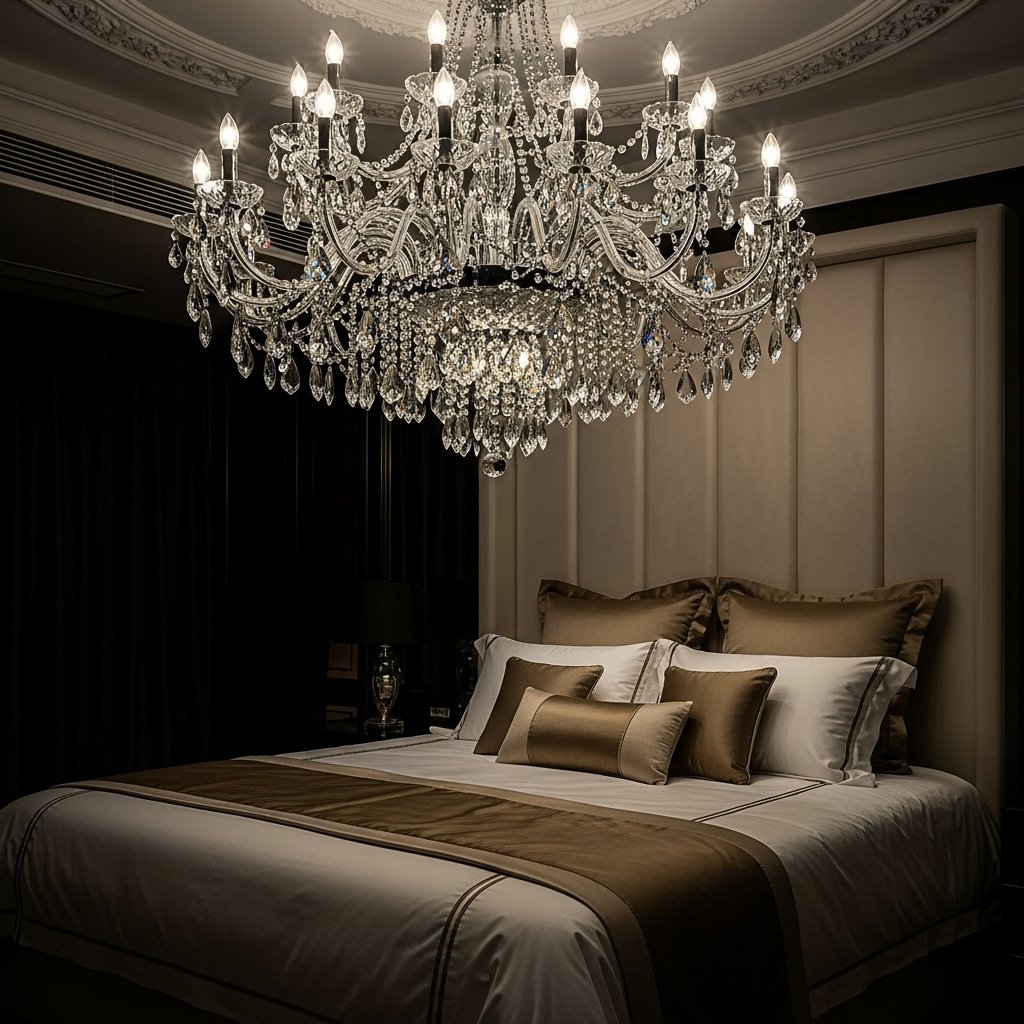 Statement chandelier above coffee bar setup