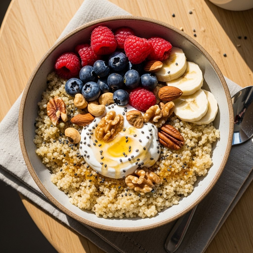 Quinoa breakfast bowl with fruits and nuts
