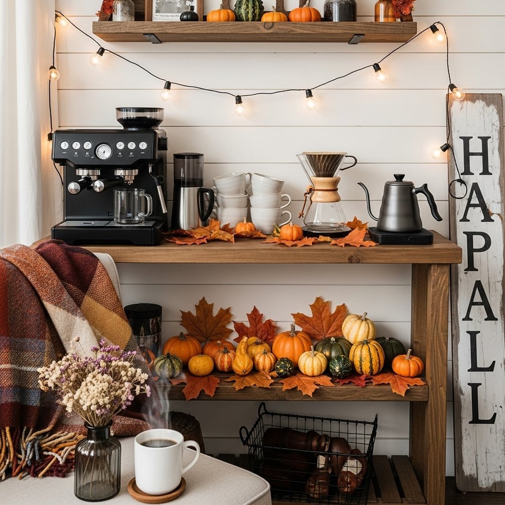 Seasonal coffee bar styling with décor