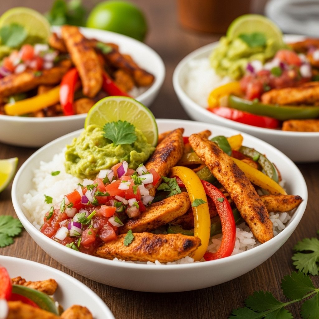 Chicken fajita bowls with peppers and rice