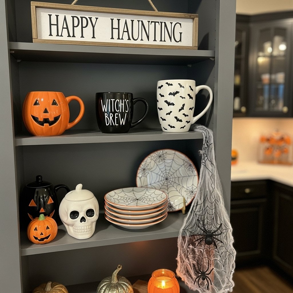 Decorate with Halloween-themed mugs and dishes