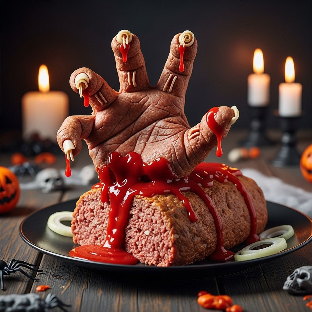 Zombie hand meatloaf spooky Halloween dish