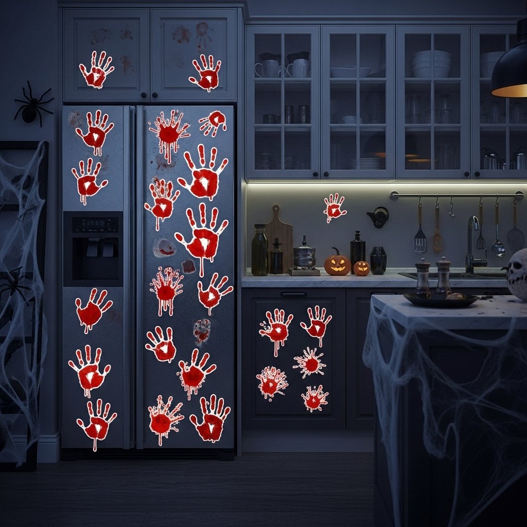 Bloody handprint stickers on glass décor