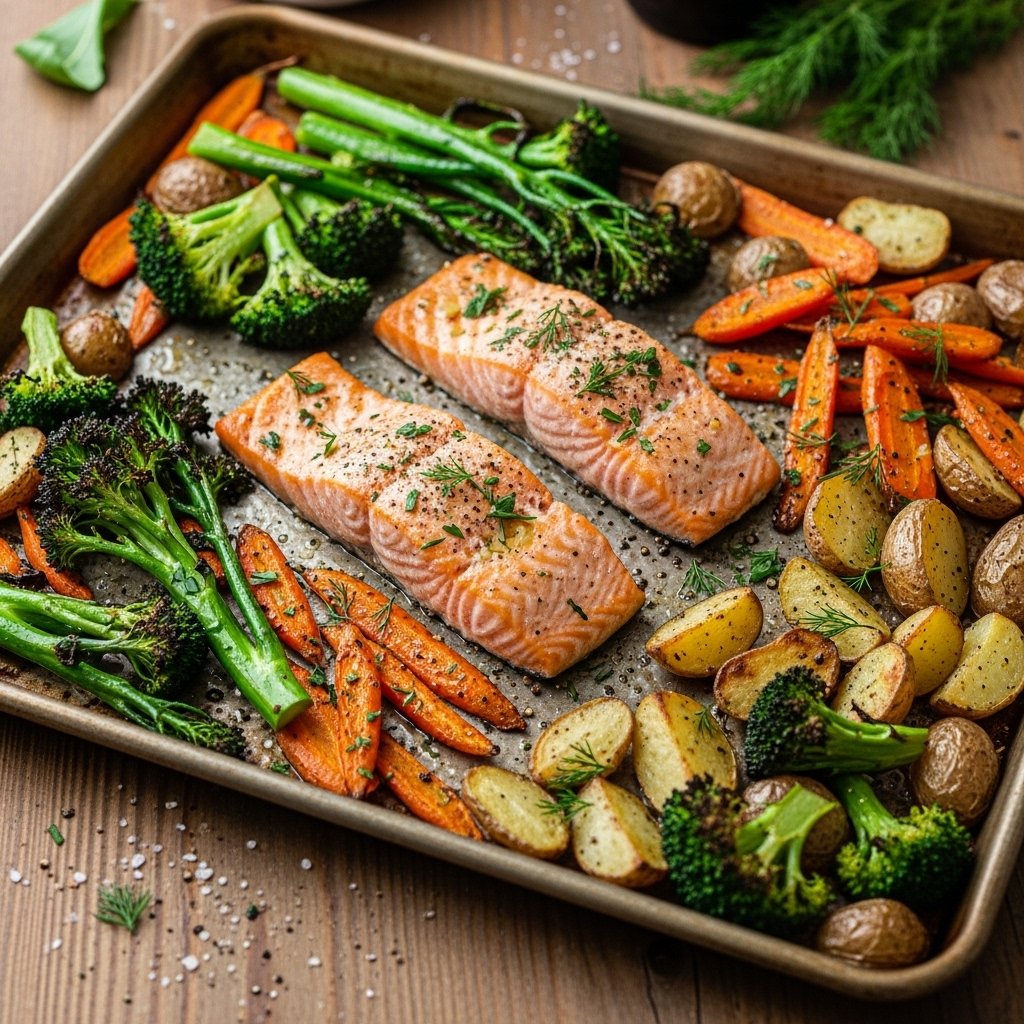 Sheet pan salmon with veggies dinner