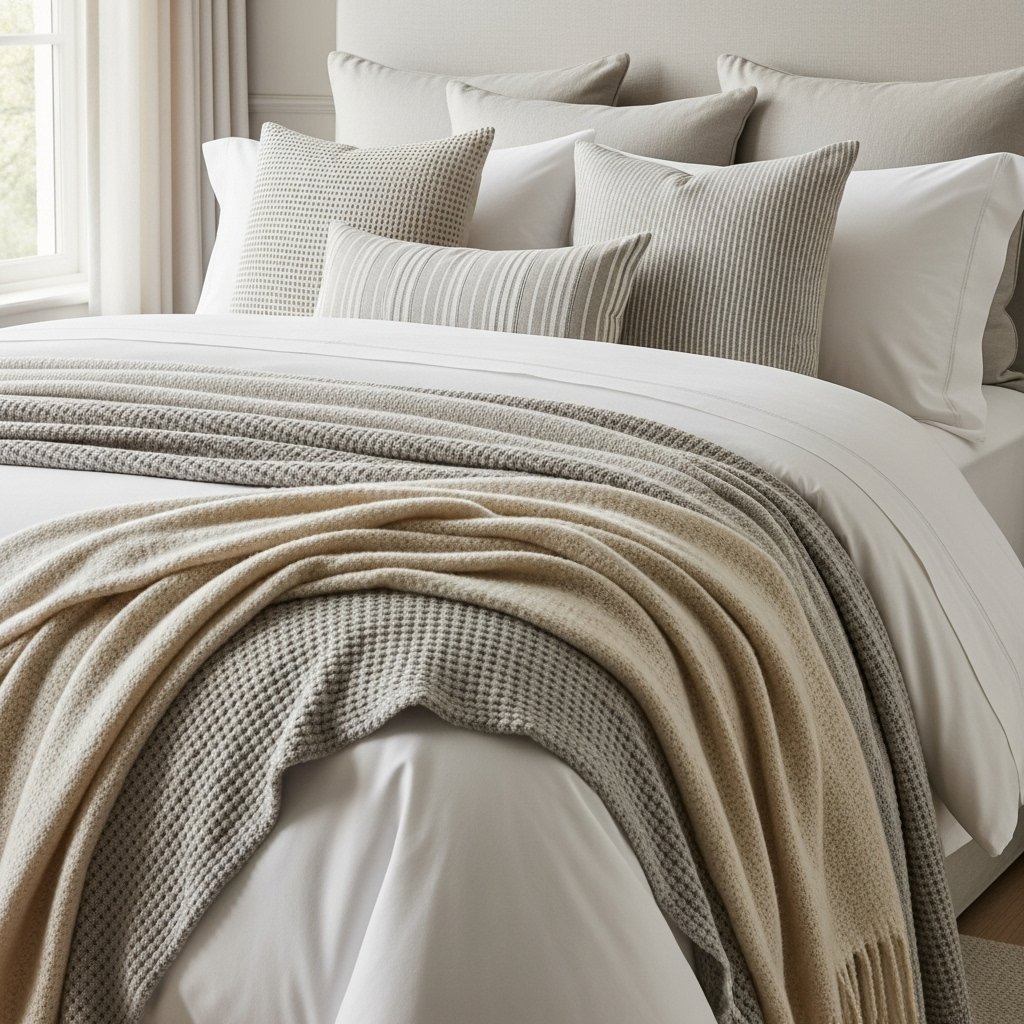 Luxurious bedding in neutrals for bedroom