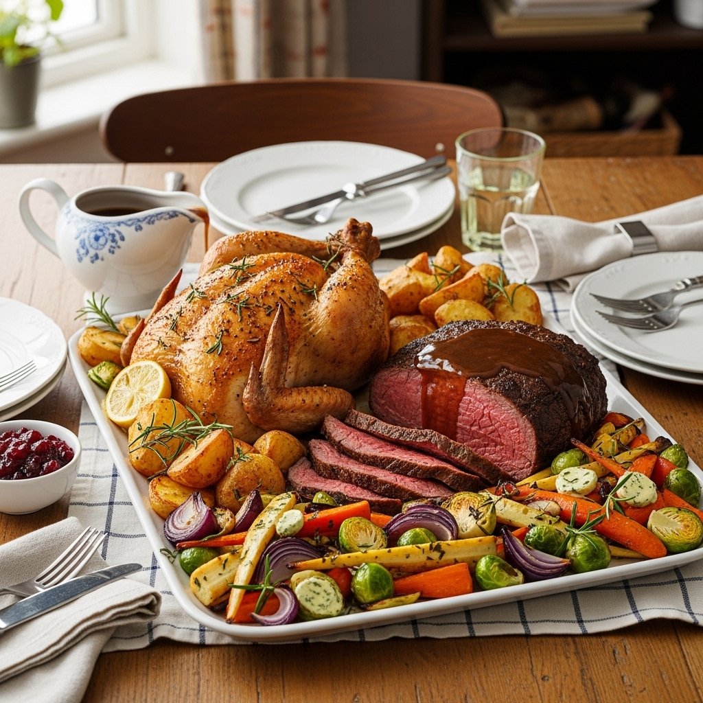 Family-style roast dinner with sides