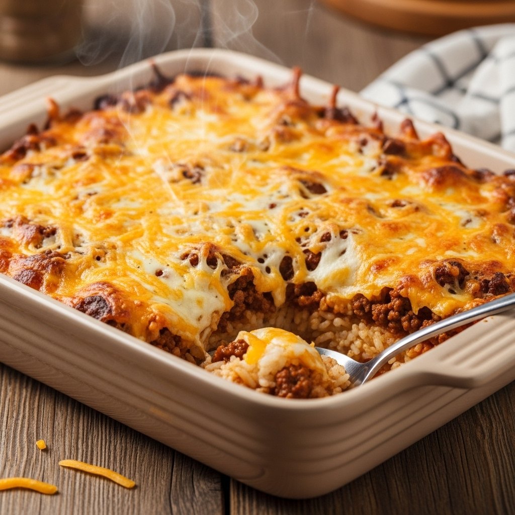 Cheesy beef and rice bake casserole