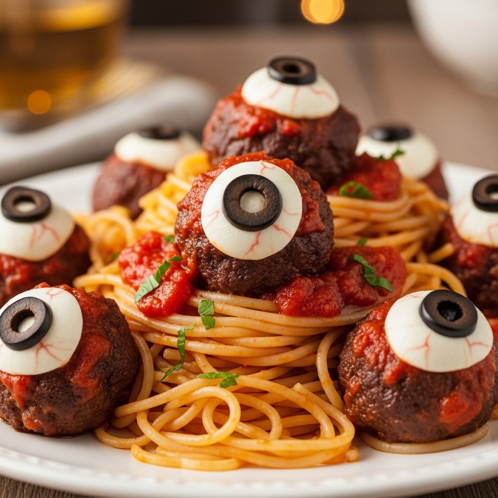 Eyeball meatballs spooky Halloween appetizer