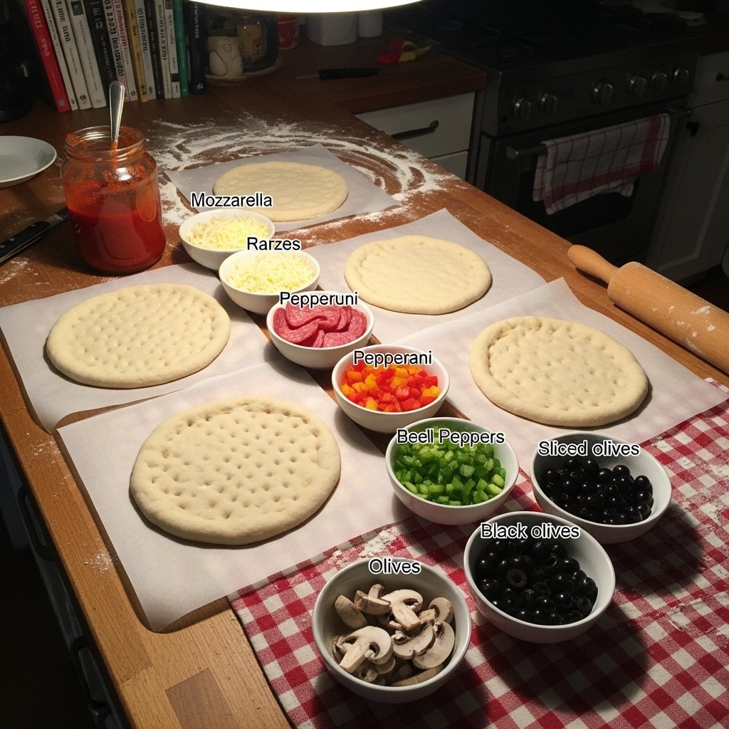 Homemade pizza night with toppings