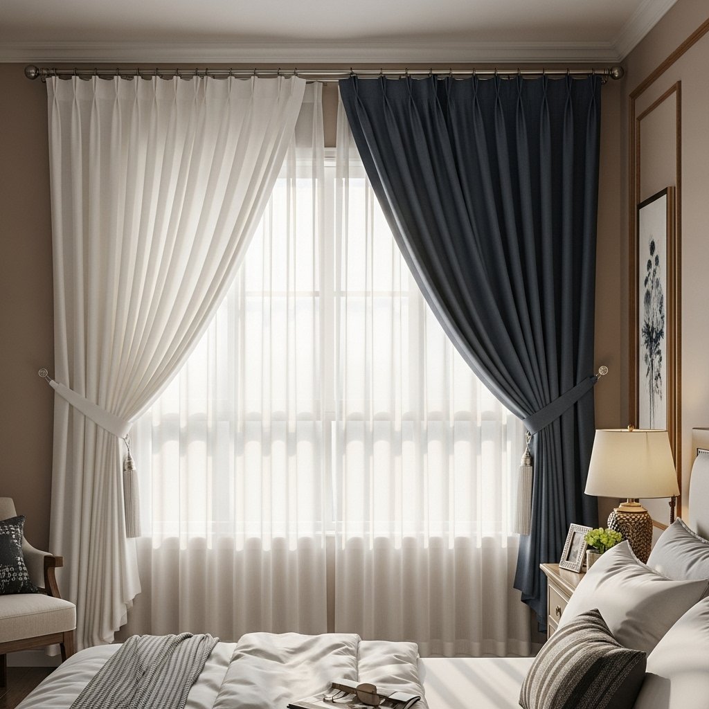 Layered curtains frame cozy coffee bar