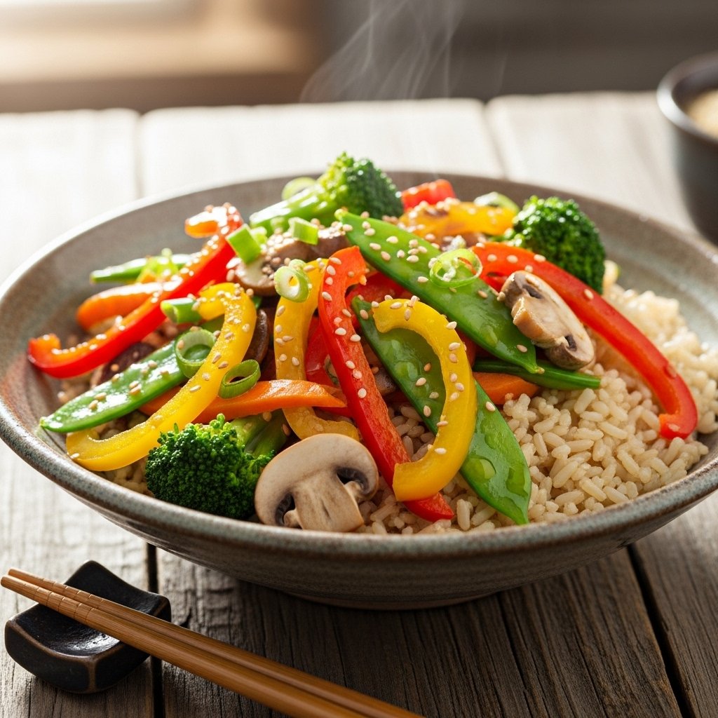 Colorful vegetable stir-fry with brown rice