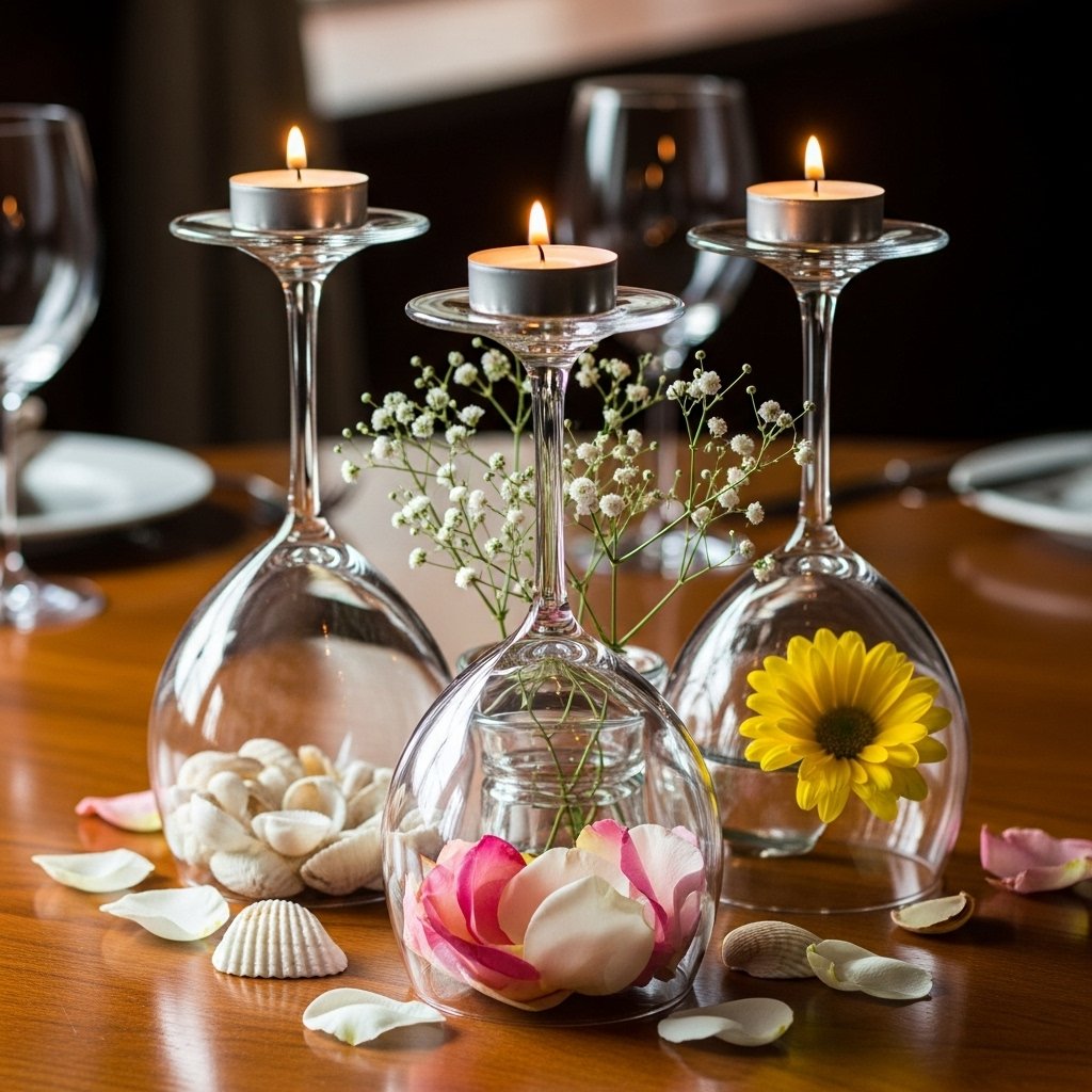 DIY candle holder made from wine glasses