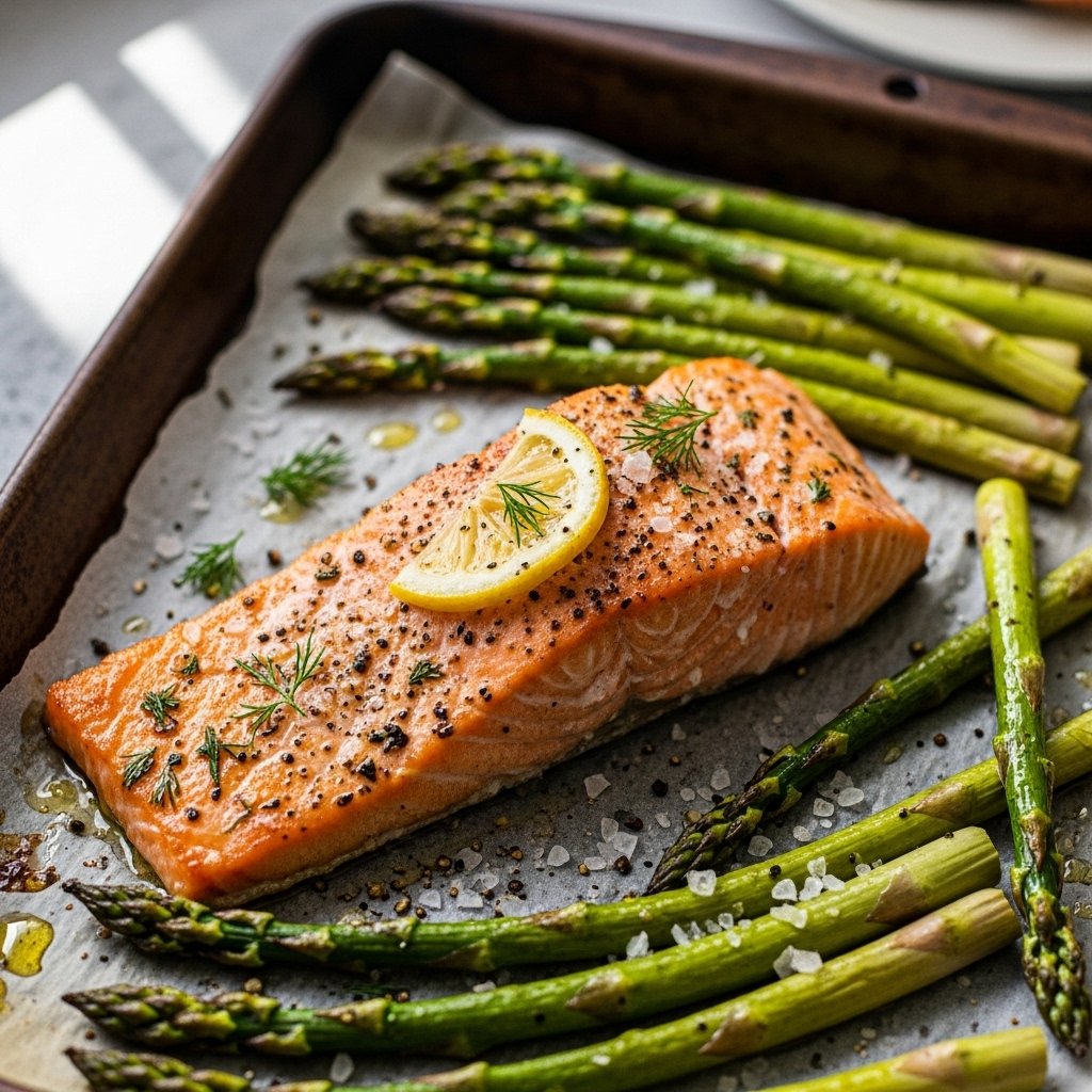 Oven-baked salmon with fresh asparagus
